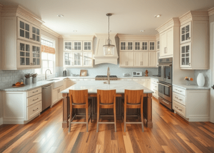 Large kitchen featuring white cabinets, wooden flooring, and a central island, ideal for modern farmhouse and lakehouse styles. Perfect inspiration for kitchen renovations and new build designs.
