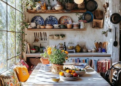 Boho kitchen featuring soft earth tones, vibrant textiles, open wooden shelves with mismatched dishes, potted herbs, a weathered farmhouse table with colorful cushions, and sunlight streaming through large windows creating warm shadows across textured walls.