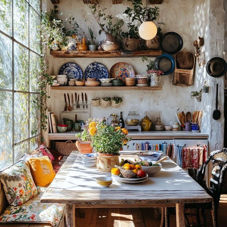 Boho kitchen featuring soft earth tones, vibrant textiles, open wooden shelves with mismatched dishes, potted herbs, a weathered farmhouse table with colorful cushions, and sunlight streaming through large windows creating warm shadows across textured walls.
