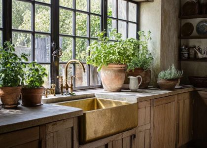 Rustic French kitchen featuring weathered oak cabinets, vibrant ceramic pots of fresh herbs, a large farmhouse sink with vintage brass fixtures, stone countertops, worn wooden floors, and abundant natural light from wide windows.