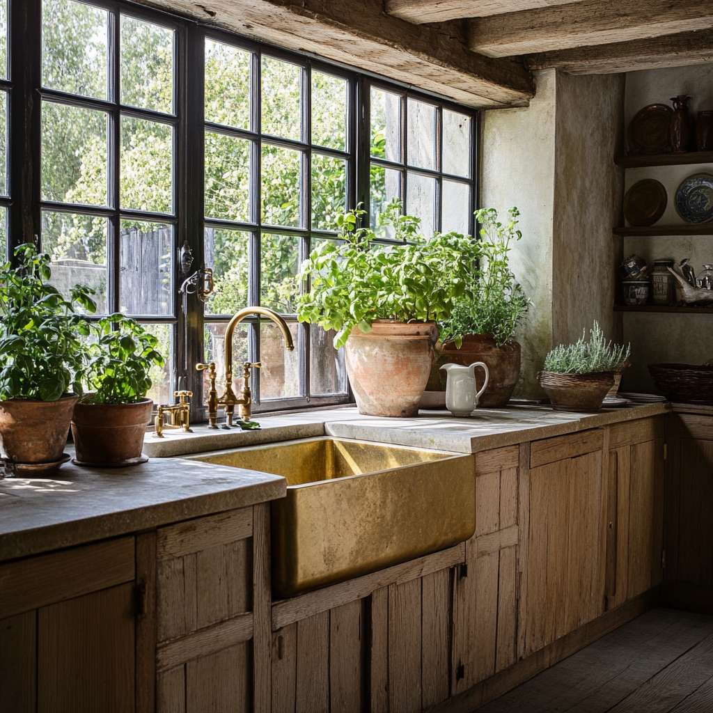 Rustic French kitchen featuring weathered oak cabinets, vibrant ceramic pots of fresh herbs, a large farmhouse sink with vintage brass fixtures, stone countertops, worn wooden floors, and abundant natural light from wide windows.