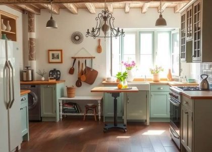 Vintage French kitchen adorned with rustic wooden cabinets, a classic farmhouse table, and colorful ceramic dishware, featuring an array of culinary herbs and vintage kitchen utensils, evoking a charming and warm atmosphere.