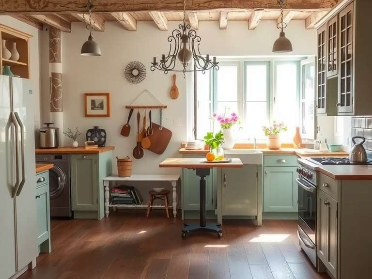 Vintage French kitchen adorned with rustic wooden cabinets, a classic farmhouse table, and colorful ceramic dishware, featuring an array of culinary herbs and vintage kitchen utensils, evoking a charming and warm atmosphere.