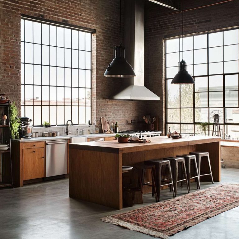 Loft kitchen with exposed brick walls, polished concrete floors, metal light fixtures, rustic wooden island, large windows letting in natural light, aged cabinetry, and a vintage rug, creating an inviting and cozy culinary space.