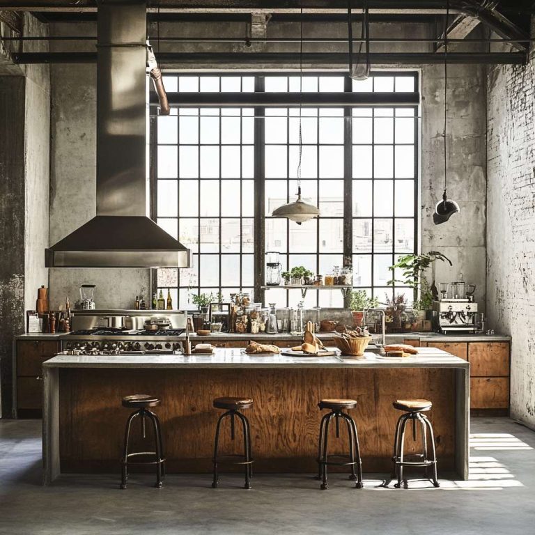 "Urban loft kitchen with industrial-style metal fixtures, rustic wooden cabinetry, high ceilings with exposed beams, and a large island with mismatched bar stools, illuminated by soft sunlight filtering through concrete walls, creating a cozy and modern vibe."