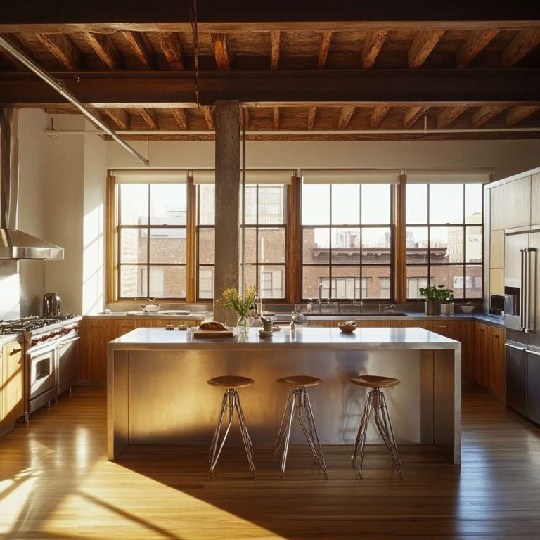 Loft kitchen with high ceilings, exposed wooden beams, a metal island, sleek cabinetry, warm wood accents, large windows allowing sunlight, and a cozy atmosphere, perfect for gatherings.