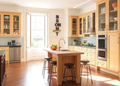 Sunlit Parisian kitchen with French window, polished hardwood floors, light wooden cabinetry showcasing crockery, stainless steel appliances, wooden island with wrought iron bar stools, wine display shelf, and a Bon Appétit sign, embodying a charming aesthetic.