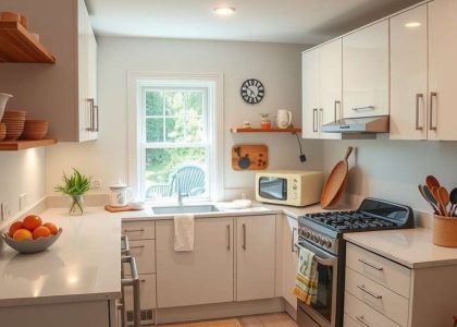 Clean and organized 90s kitchen renovation featuring light color inspiration, sleek old modern kitchen elements, oyster color cabinetry, and cozy cottage core vibes, ideal for small kitchen trends in 2025.