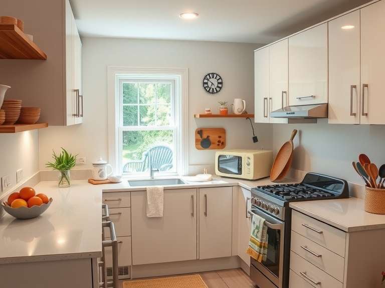 Clean and organized 90s kitchen renovation featuring light color inspiration, sleek old modern kitchen elements, oyster color cabinetry, and cozy cottage core vibes, ideal for small kitchen trends in 2025.