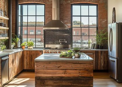Loft kitchen with industrial and rustic design, featuring exposed brick walls, sleek stainless steel appliances, rough-hewn wooden cabinets, a reclaimed wood island, and oversized windows for natural light.