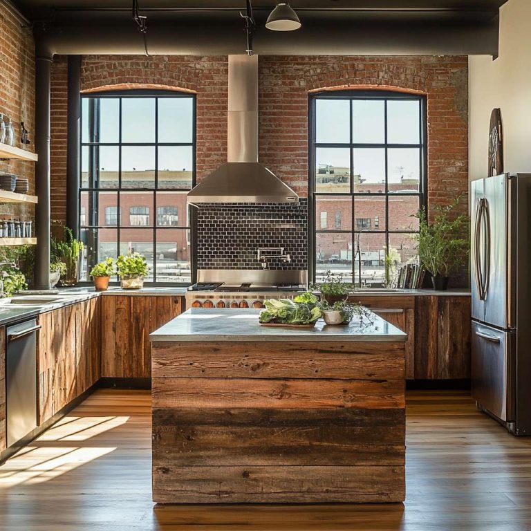 Loft kitchen with industrial and rustic design, featuring exposed brick walls, sleek stainless steel appliances, rough-hewn wooden cabinets, a reclaimed wood island, and oversized windows for natural light.