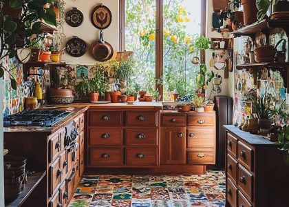 Bohemian kitchen featuring mismatched colorful tiles, rich wooden cabinetry with ornate handmade knobs, vibrant potted plants on the windowsill, and textured textiles draped over open shelves, creating a cozy and inviting atmosphere filled with natural light.