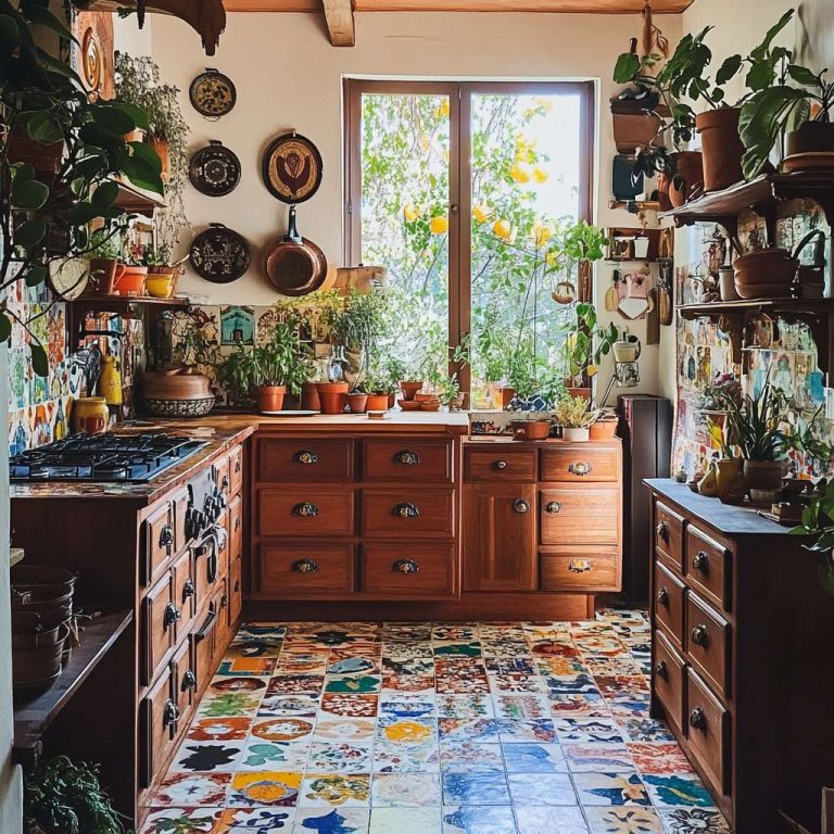 Bohemian kitchen featuring mismatched colorful tiles, rich wooden cabinetry with ornate handmade knobs, vibrant potted plants on the windowsill, and textured textiles draped over open shelves, creating a cozy and inviting atmosphere filled with natural light.